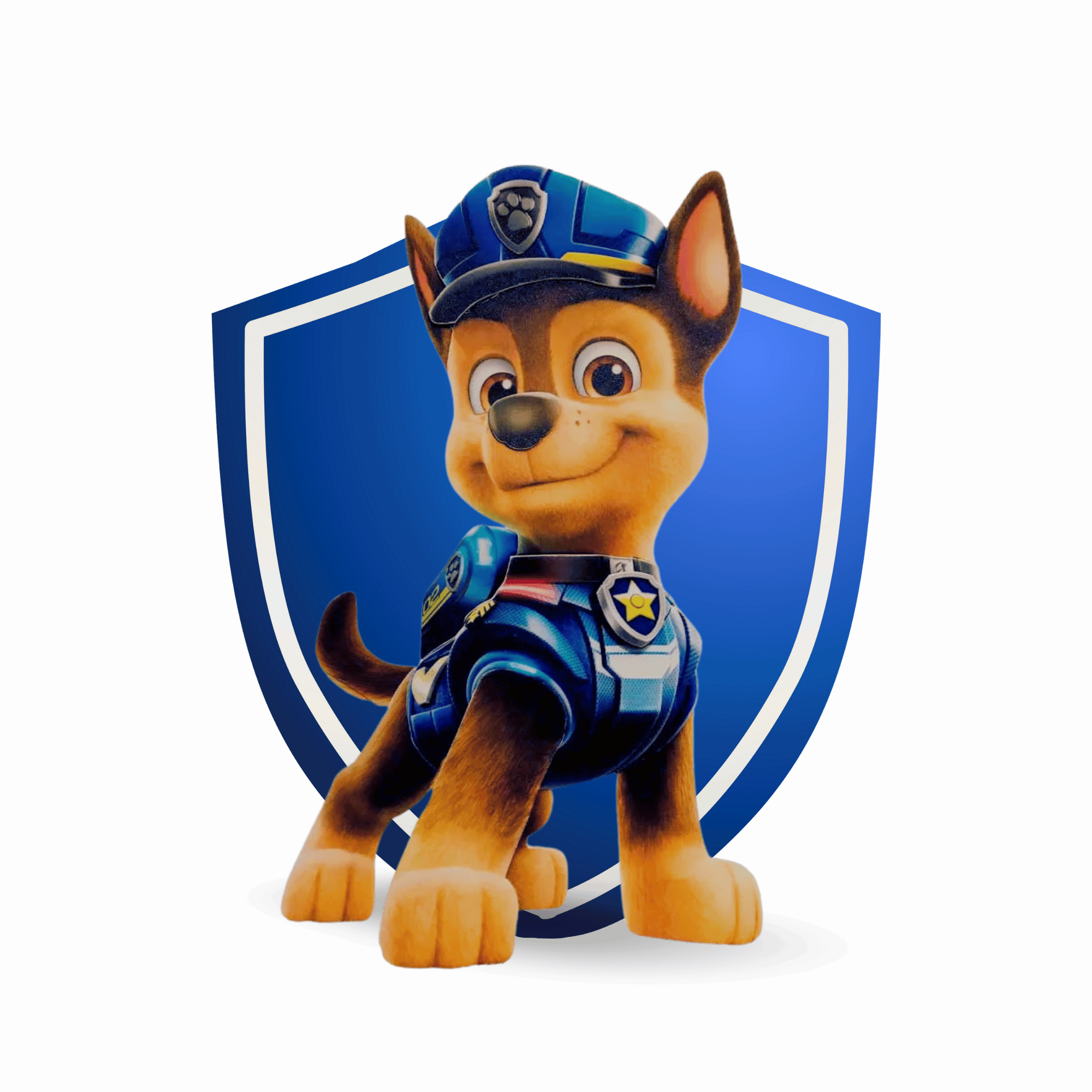 A Paw Patrol Chase PNG featuring Chase, the police pup from Paw Patrol, with a transparent background, perfect for creative designs and kids' projects.