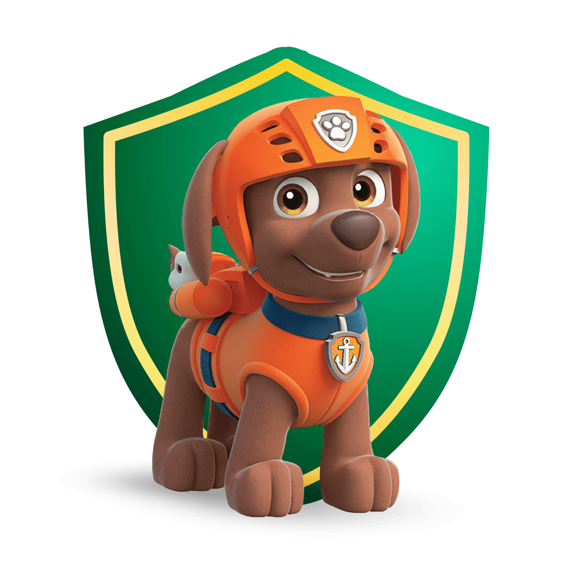 A Paw Patrol Zuma PNG featuring Zuma, the water rescue pup, wearing his orange uniform and safety helmet on a transparent background. Image File Name: paw-patrol-zuma.png