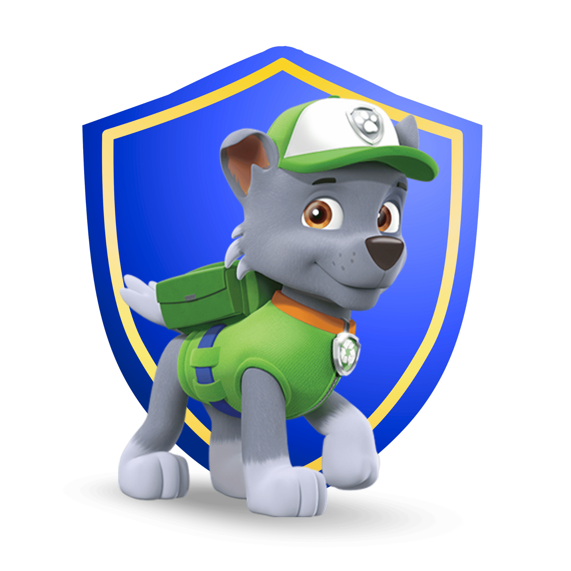 A Paw Patrol Rocky PNG featuring Rocky, the eco-friendly pup, in his green recycling uniform and cap on a transparent background.