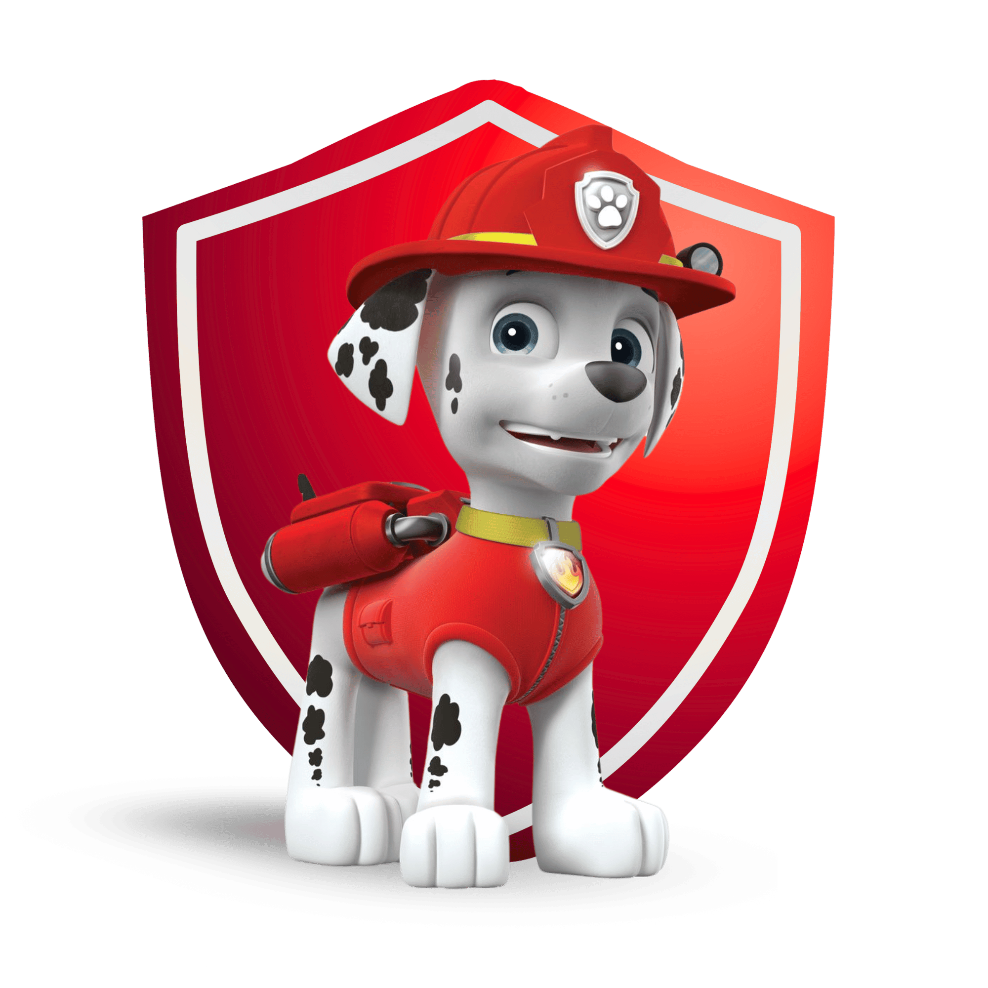 A Paw Patrol Marshall PNG featuring Marshall, the fire pup, in his red firefighter uniform and hat on a transparent background.