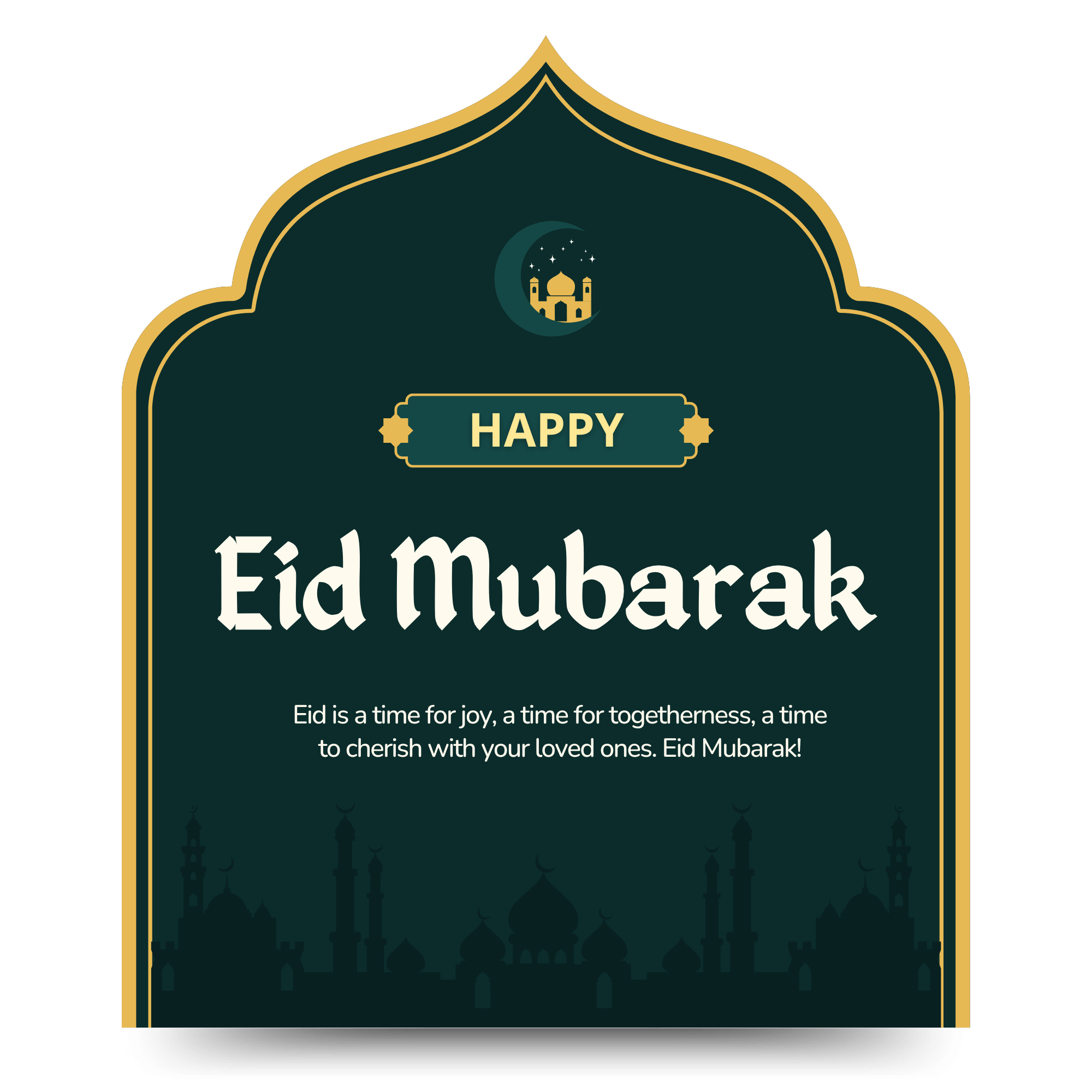 A decorative Happy Eid Mubarak PNG with golden Arabic calligraphy, lanterns, and a glowing crescent moon on a transparent background.