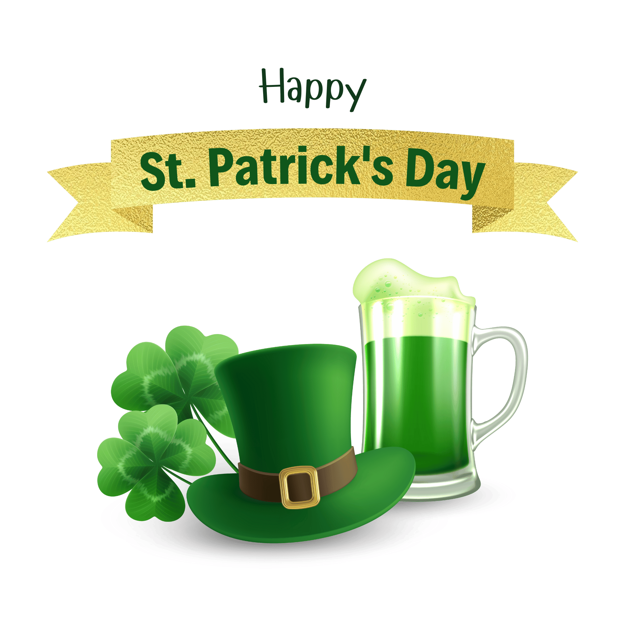 Happy St. Patrick’s Day PNG featuring green shamrocks, a leprechaun hat, and festive Irish elements.