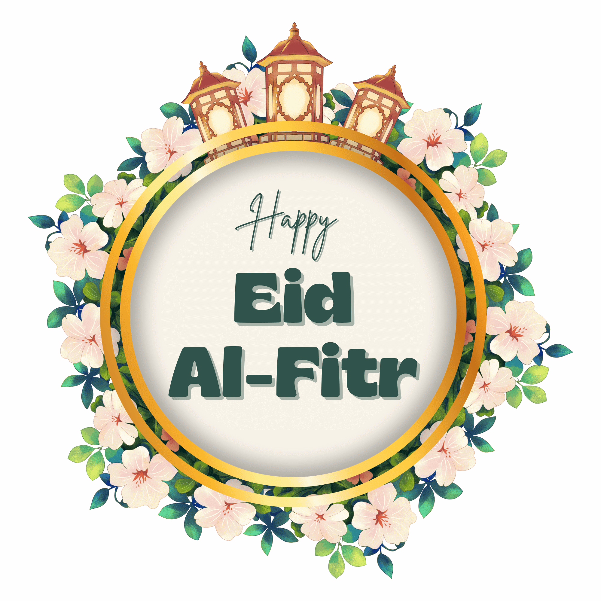 A stunning Happy Eid Al-Fitr PNG featuring golden Arabic calligraphy, glowing lanterns, and a crescent moon, symbolizing the joy of Eid.