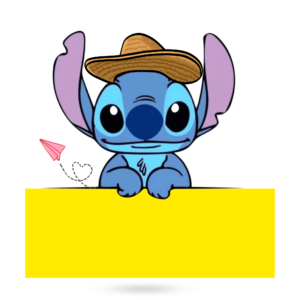 A Stitch PNG featuring Stitch holding a yellow board, perfect for creative designs and fun messages.