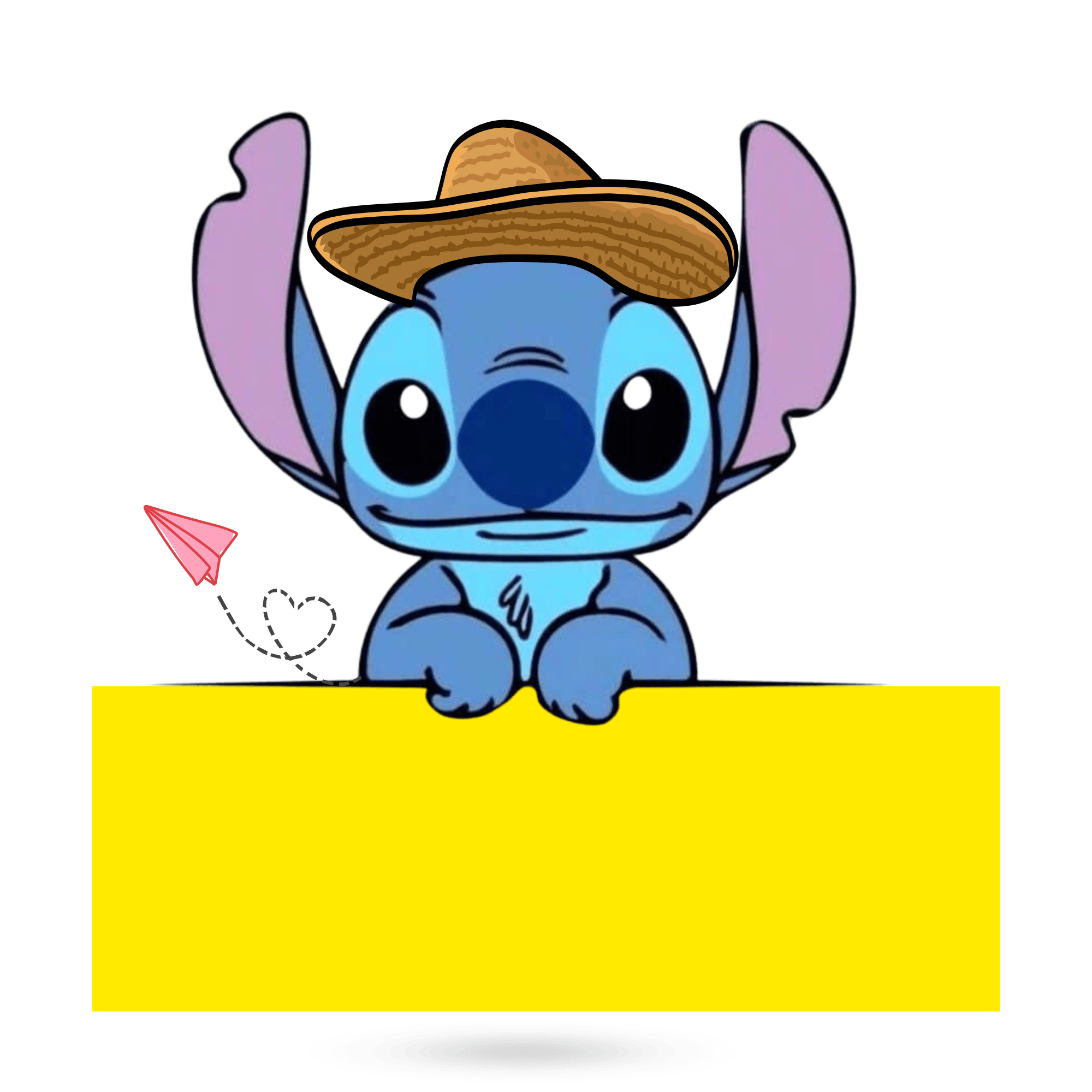 A Stitch PNG featuring Stitch holding a yellow board, perfect for creative designs and fun messages.