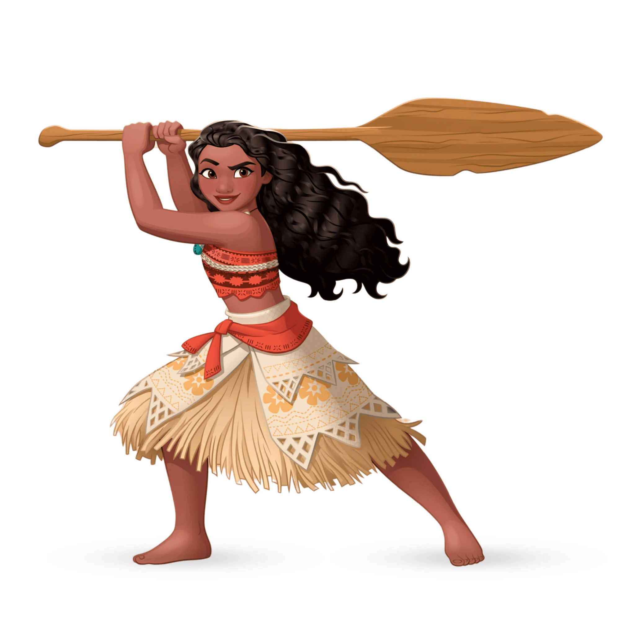 A Moana PNG featuring Moana in her Polynesian outfit, holding an oar, ready for adventure, on a transparent background.
