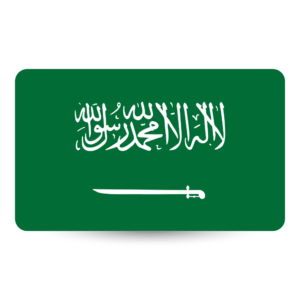 A rectangle-shaped Saudi Arabia flag PNG with rounded corners and a subtle drop shadow, featuring the green background, white Arabic inscription, and sword.