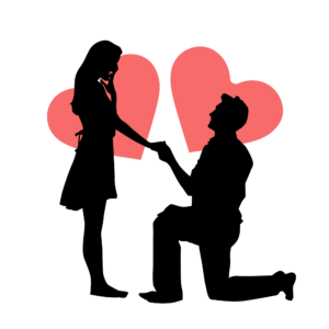 Propose vector PNG depicting a romantic proposal scene with a couple. Perfect for wedding and love-themed designs.