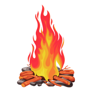 Log fire vector PNG with burning wood and bright flames, perfect for design and editing.