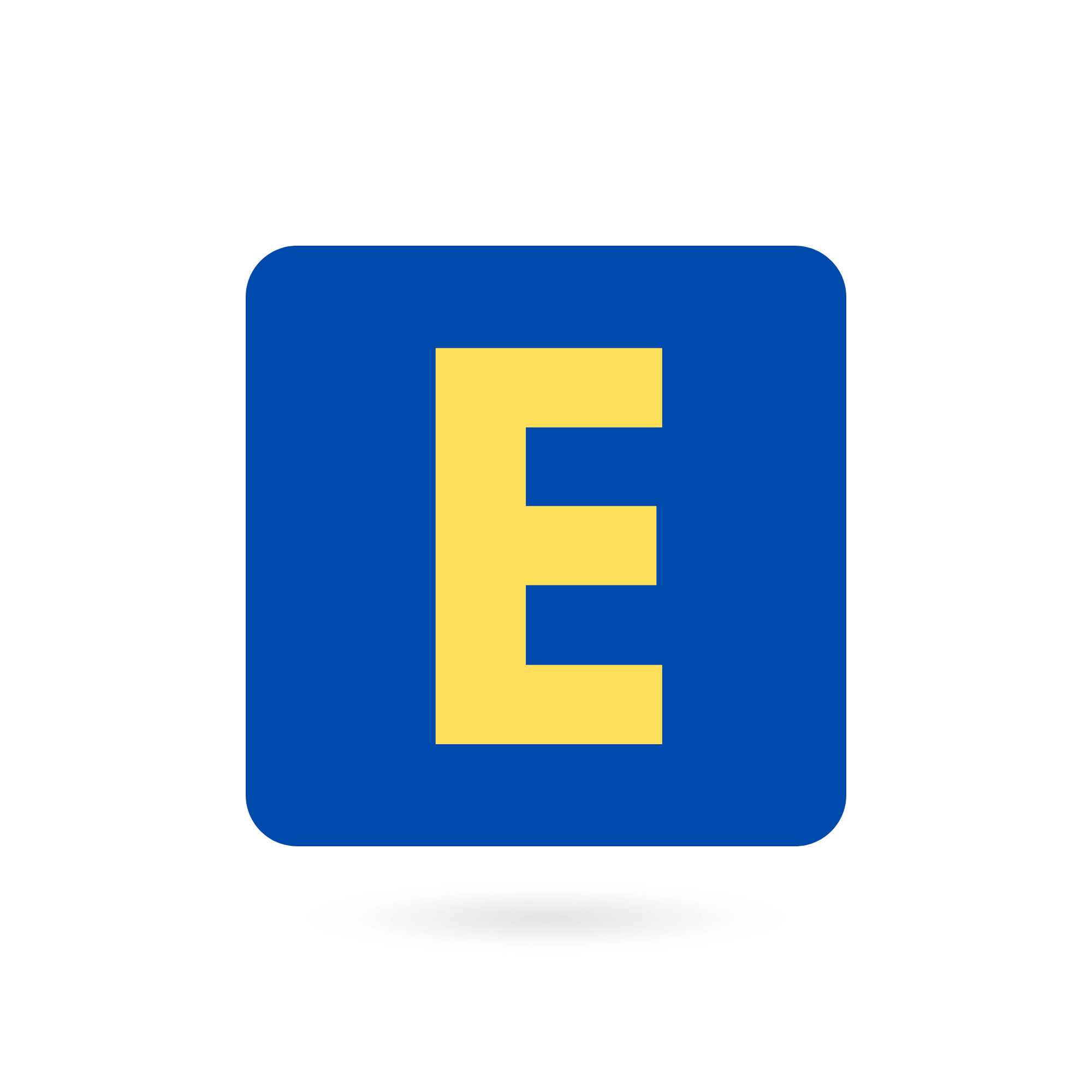 Capital letter "E" in bright yellow inside a blue square box on a transparent background.