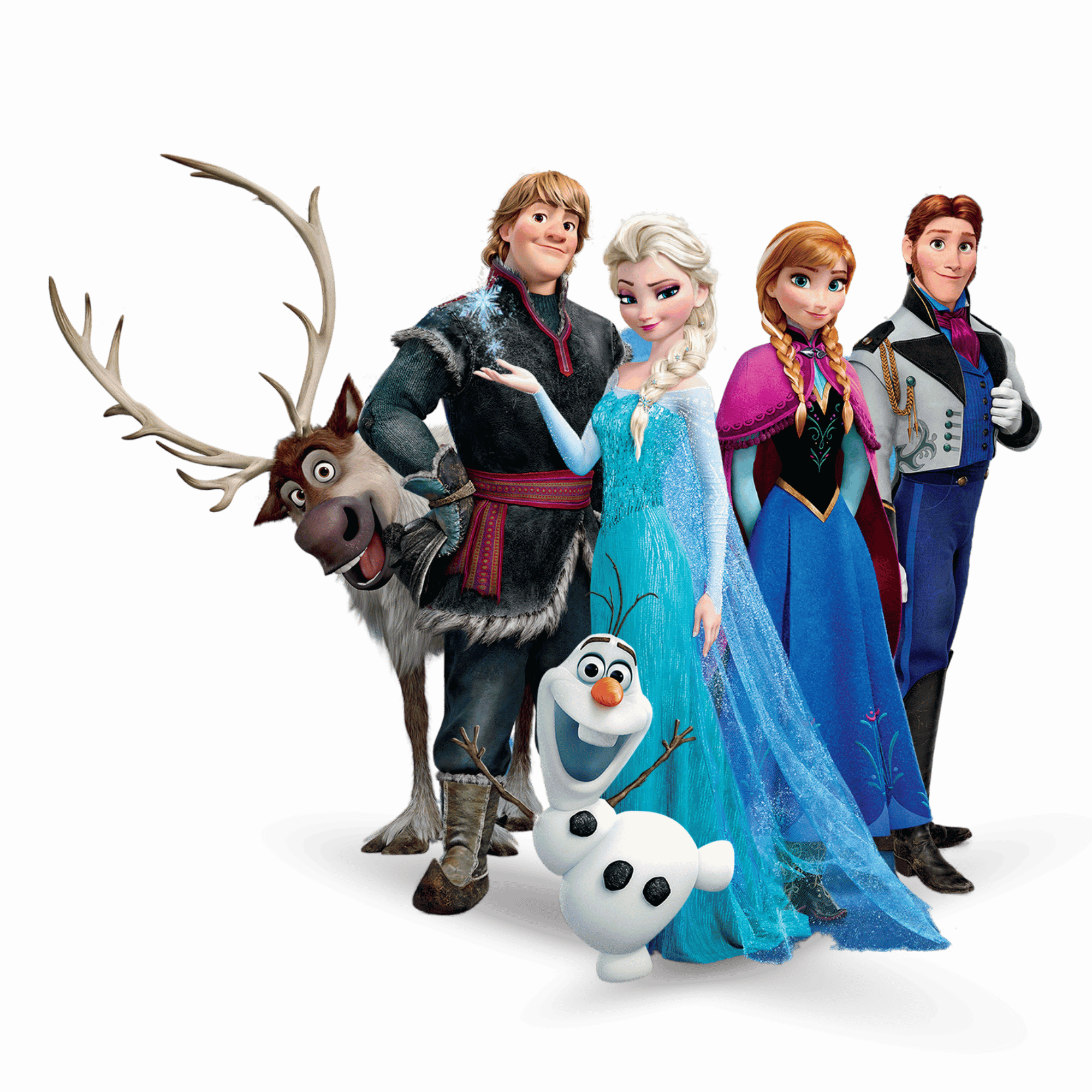 Full team image of Elsa, Anna, Olaf, Kristoff, and Sven from Frozen on a transparent background.