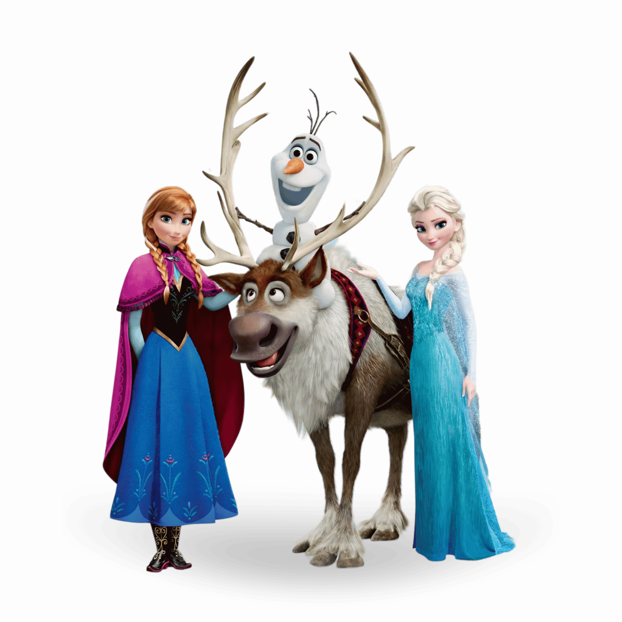A Frozen PNG featuring Elsa, Anna, and Olaf standing together in a snowy background with transparent edges.