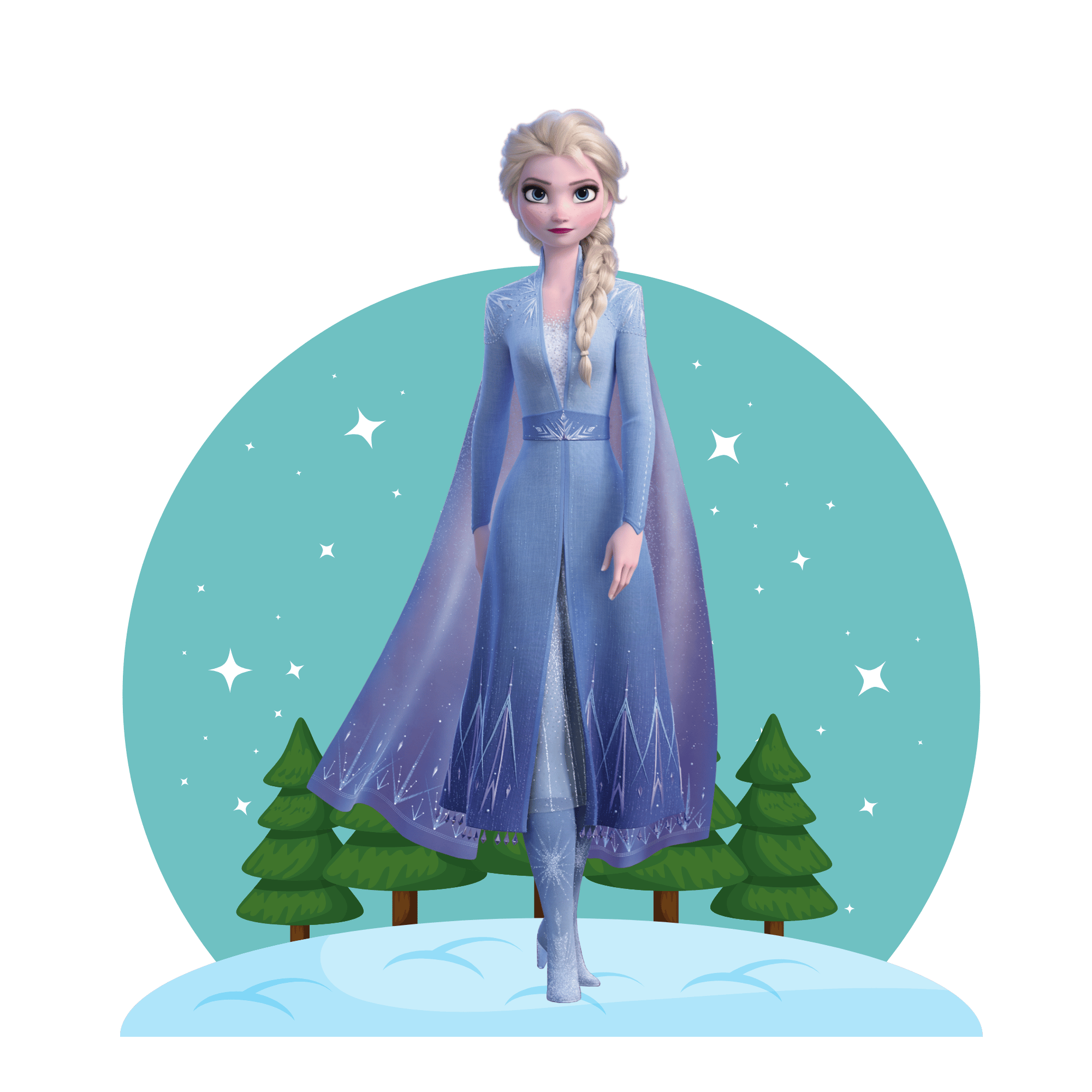 A beautiful PNG of Queen Elsa from Disney’s Frozen with her iconic blue dress and snow magic, on a transparent background.