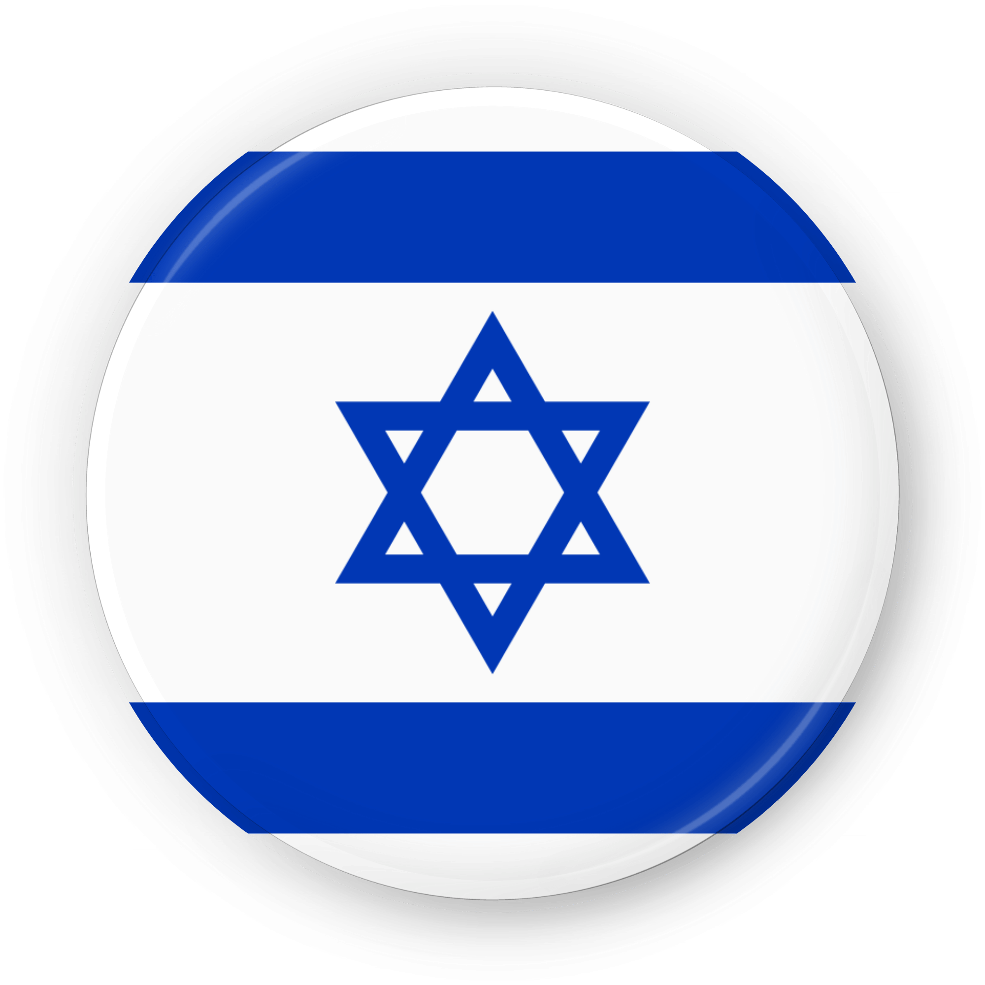 A round badge of the Israeli flag featuring the Star of David in blue and white, isolated on a transparent background.