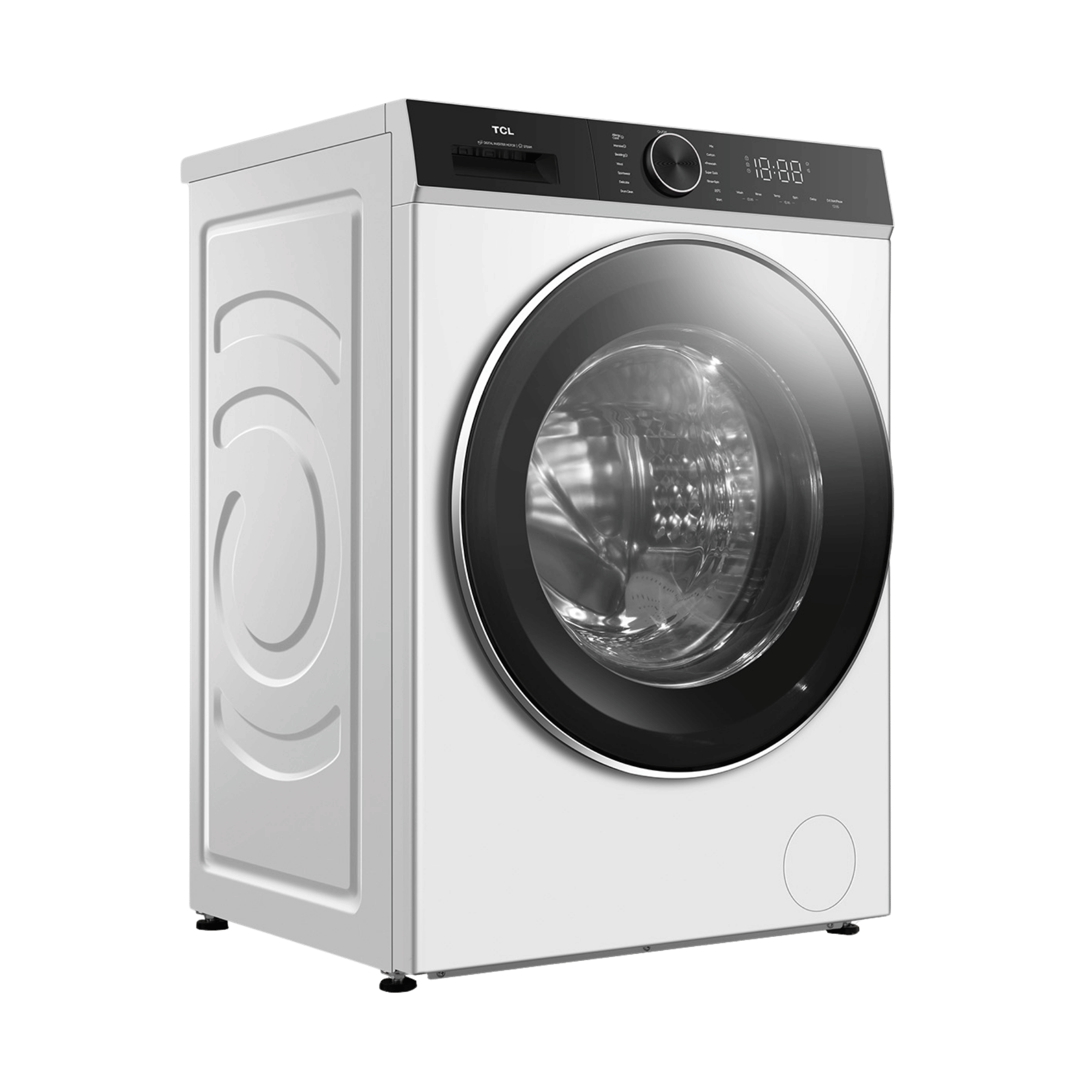Transparent PNG of a TCL front-load washing machine with a modern design.