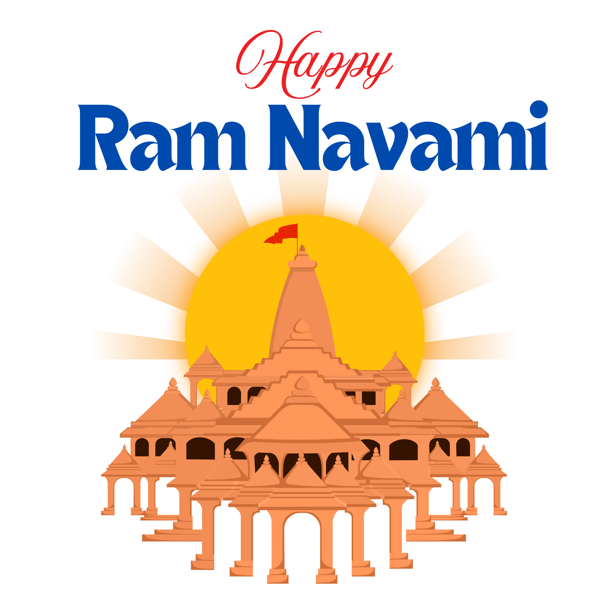 Elegant text of "Happy Ram Navami" with floral decorations and religious motifs on a transparent background.