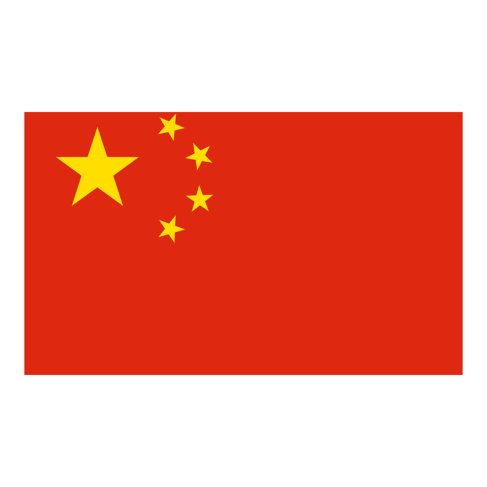 A rectangular red China flag PNG with one large yellow star and four smaller stars in the top left corner, on a transparent background.