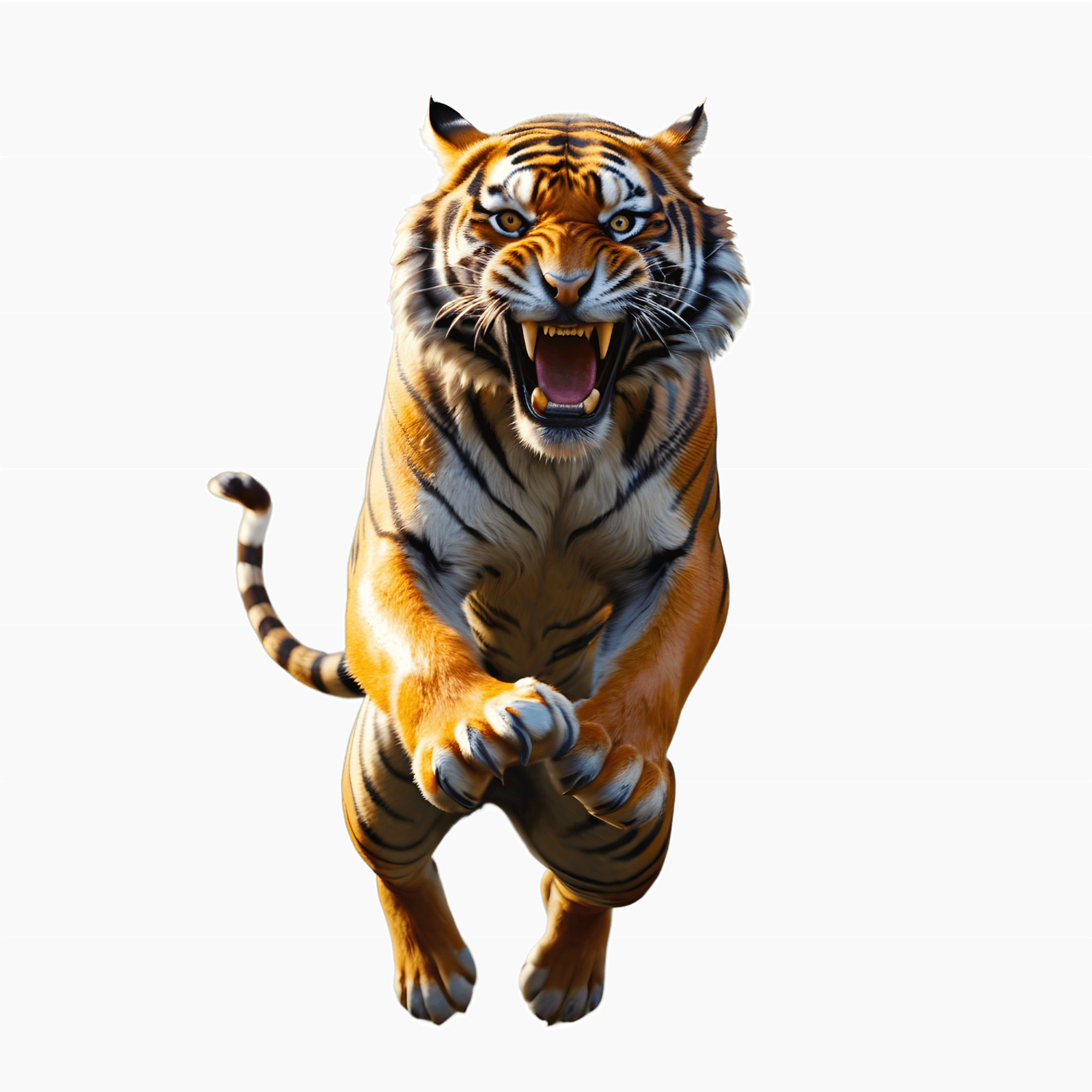 A powerful tiger in mid-attack pose, roaring with claws extended on a transparent background.