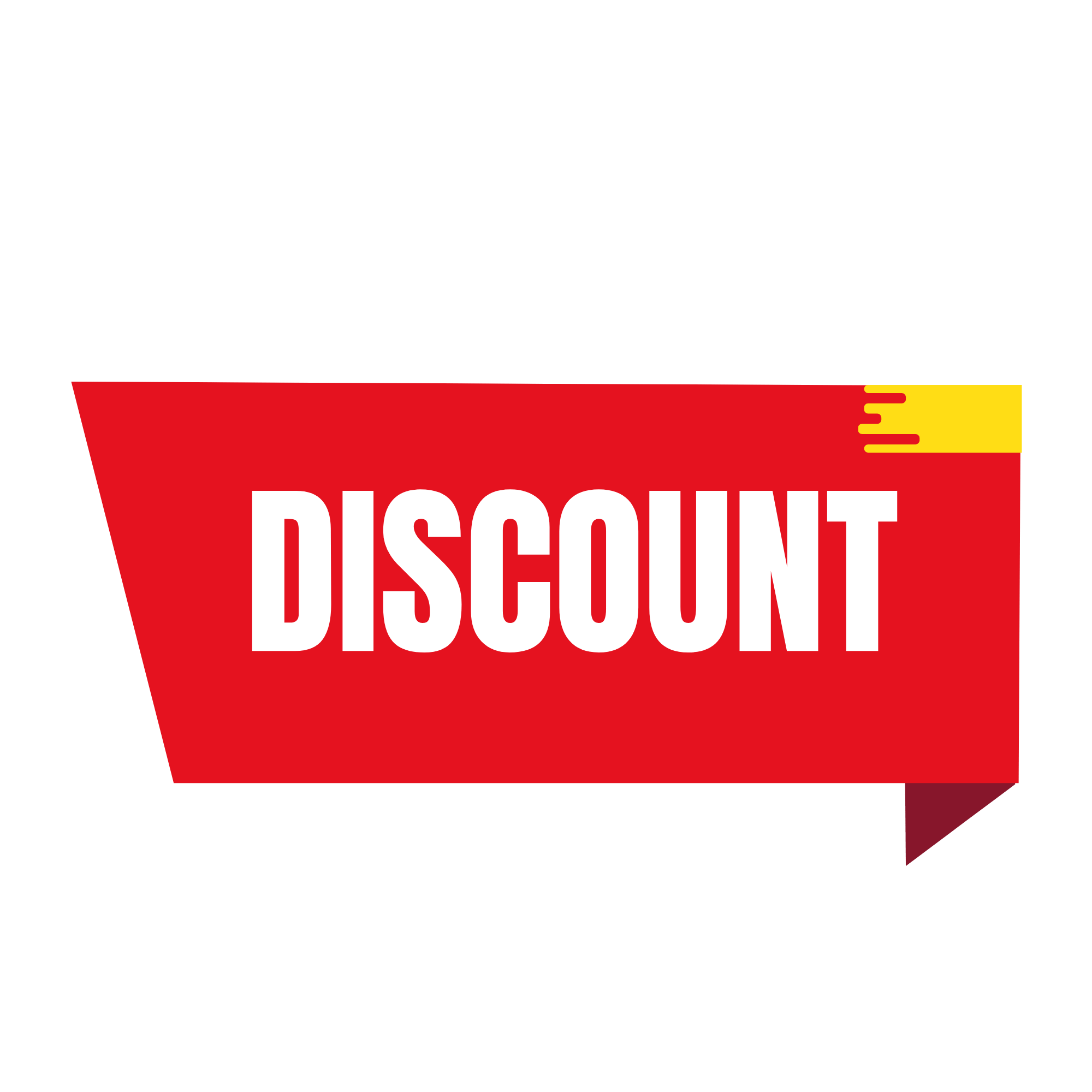 A bold discount tag graphic with promotional text on a transparent background, ideal for online sale visuals.