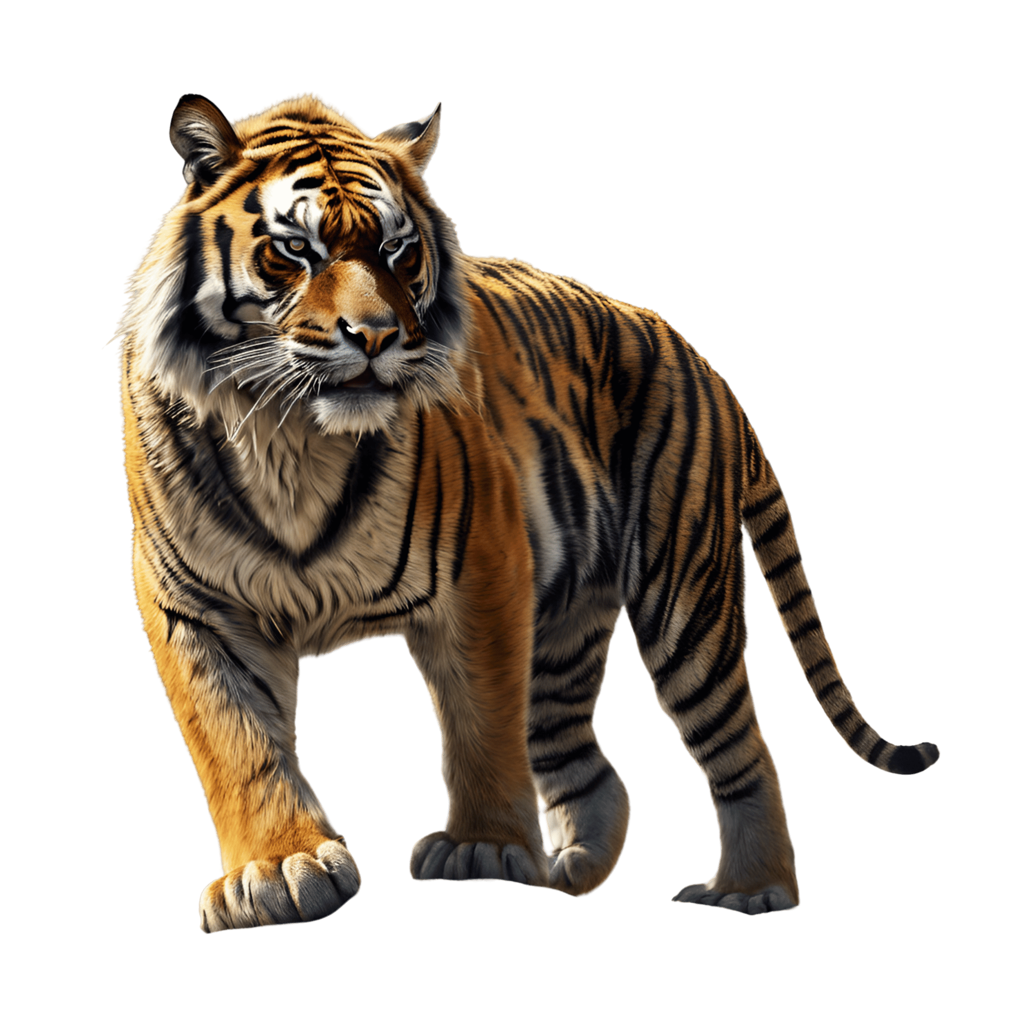 A striking Royal Bengal Tiger with orange fur and black stripes, isolated on a transparent background.