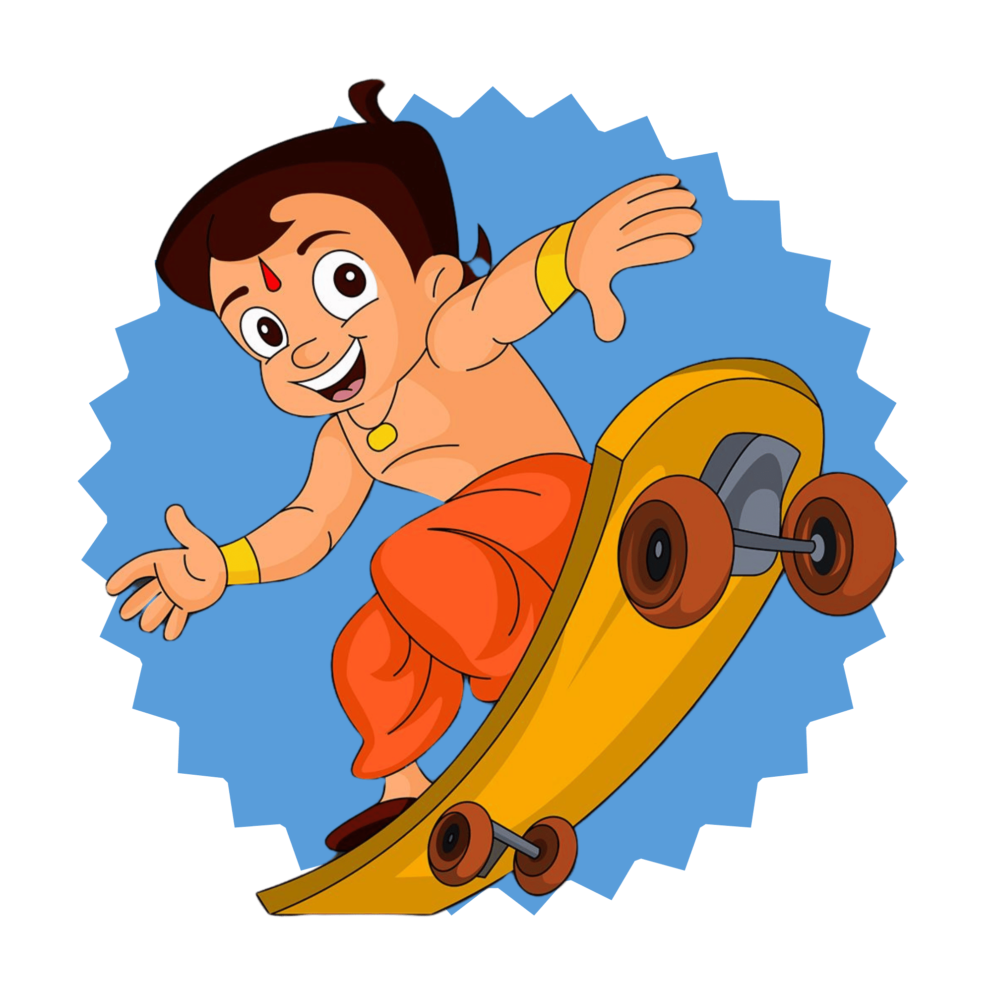 Chhota Bheem riding a skateboard with a confident, fun pose on a transparent background.