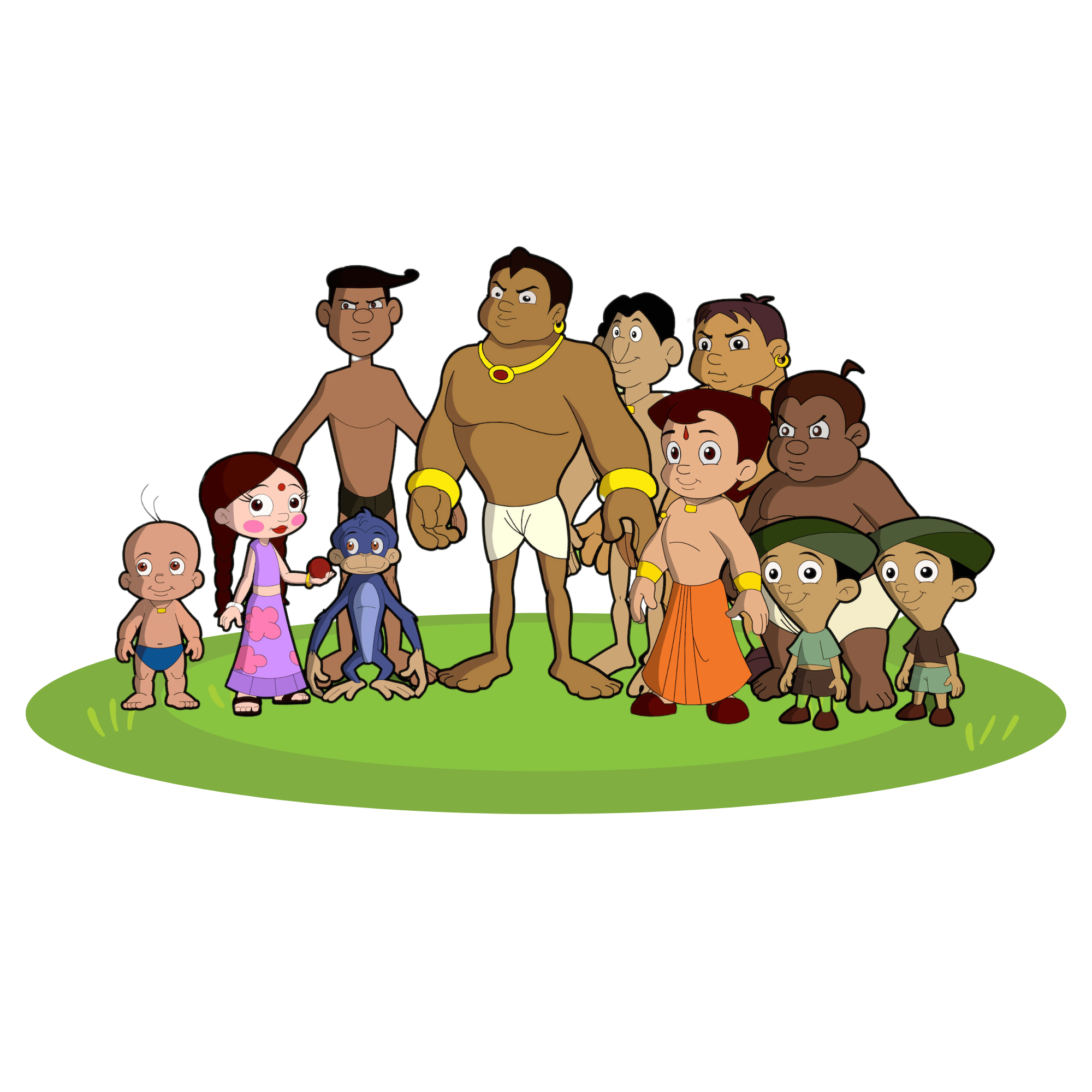 Chhota Bheem standing with his friends Chutki, Raju, Jaggu, and Kalia in a cheerful group pose on a transparent background.