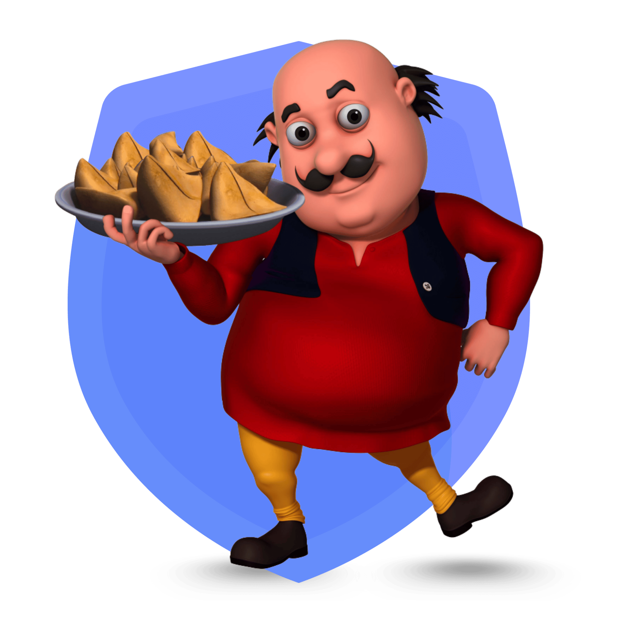Motu from Motlu Patlu smiling and holding a samosa in his hand on a transparent background.