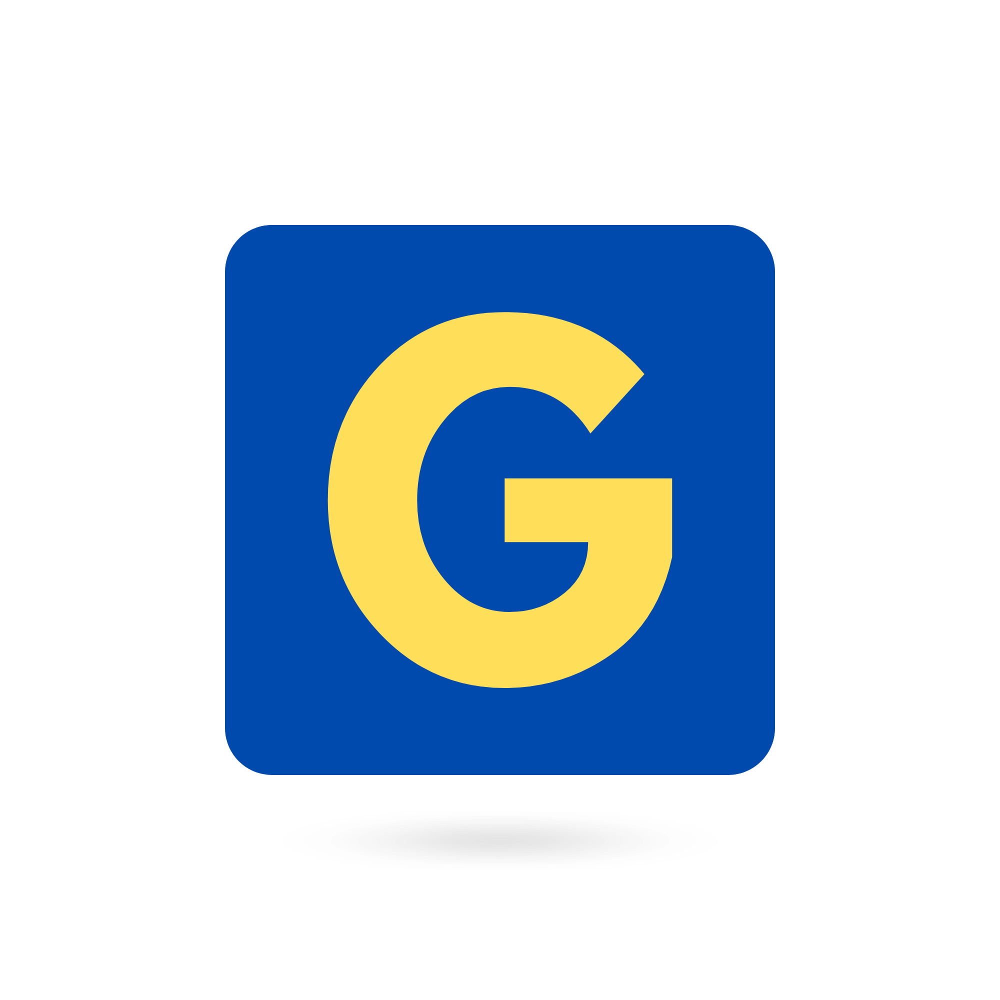 A bold yellow capital letter "G" set inside a blue square, isolated on a transparent background.