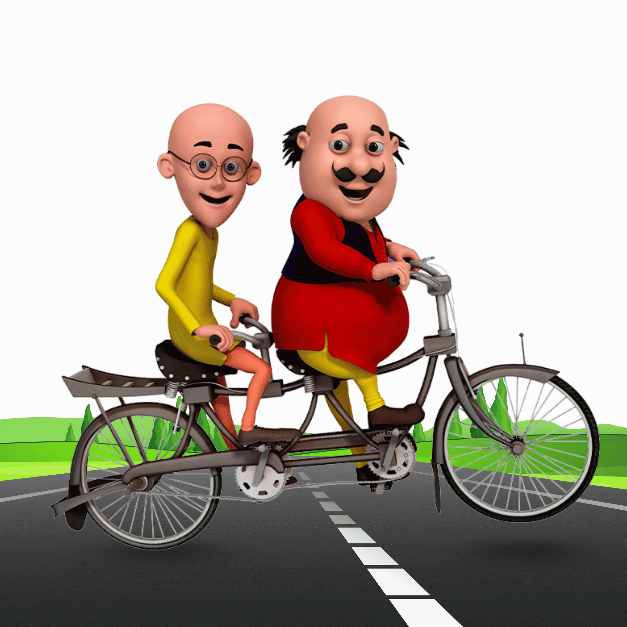 Motlu and Patlu riding a bicycle, with expressive cartoon faces and dynamic poses on a transparent background.