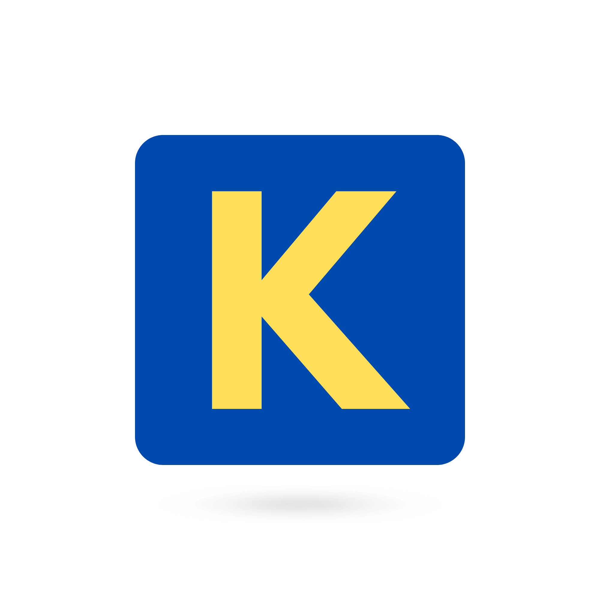 A bold yellow capital “K” inside a blue square on a transparent background.
