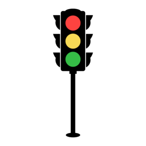 A vector-style traffic light with red, yellow, and green signals in a clean flat design on a transparent background.