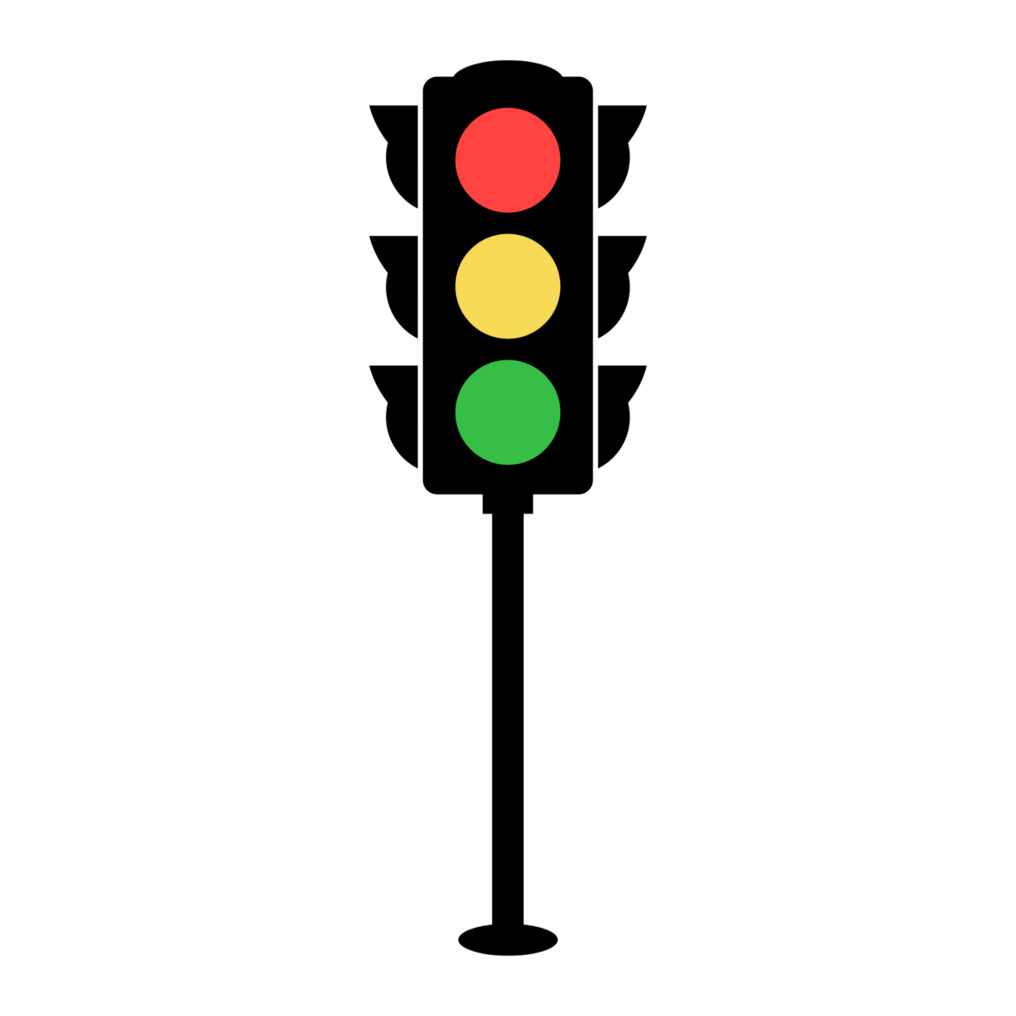 A vector-style traffic light with red, yellow, and green signals in a clean flat design on a transparent background.
