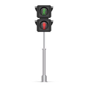 A vertical traffic light with red, yellow, and green signal bulbs on a transparent background.