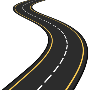 A straight gray asphalt road with a white dashed center line on a transparent background, ideal for transportation and educational graphics.