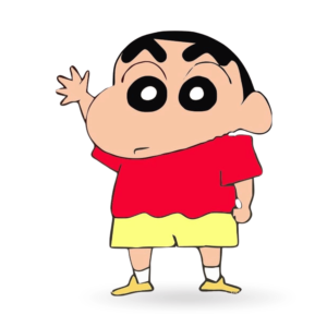 Shinchan, the funny cartoon boy, standing and smiling in a red shirt and yellow shorts on a transparent background.