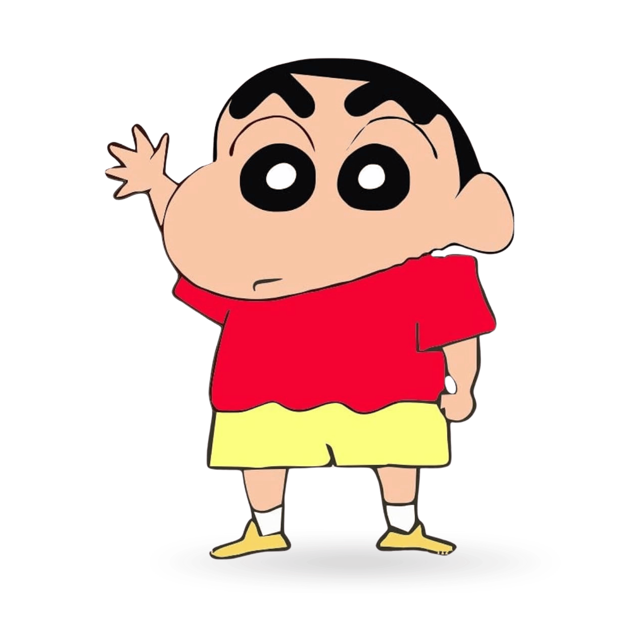 Shinchan, the funny cartoon boy, standing and smiling in a red shirt and yellow shorts on a transparent background.