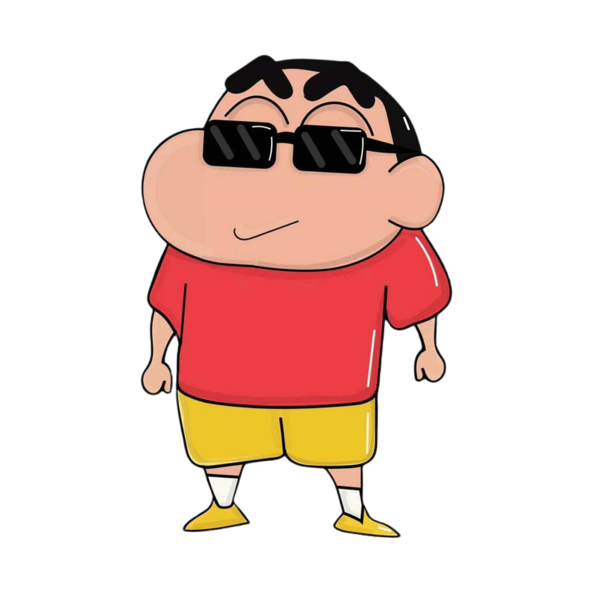 Shinchan cartoon character wearing black sunglasses, posing confidently with a smile on a transparent background.