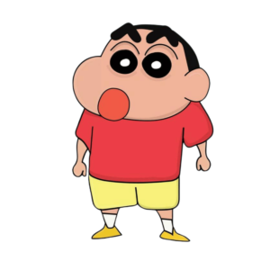 Shinchan cartoon character wearing a red shirt and yellow shorts, smiling and standing on a transparent background.