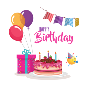 A vibrant “Happy Birthday” text with stars and fun styling, perfect for children’s birthday cards and party designs, on a transparent background.