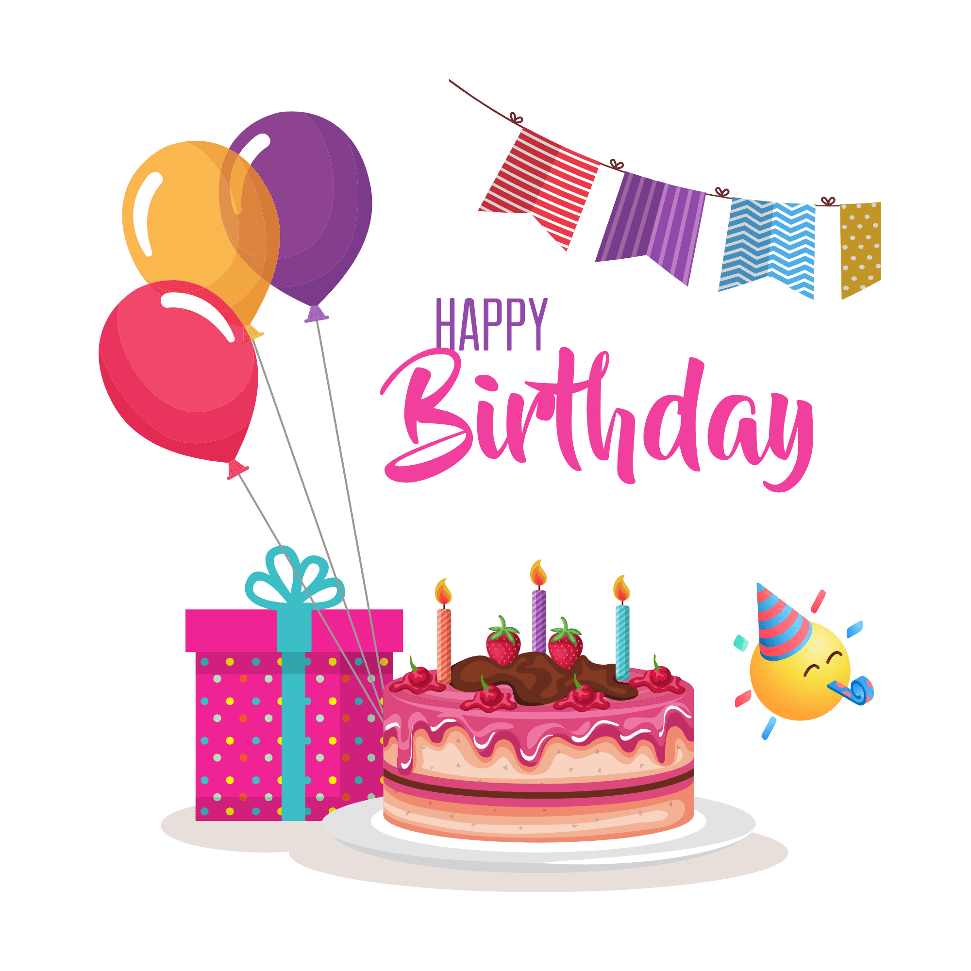 A vibrant “Happy Birthday” text with stars and fun styling, perfect for children’s birthday cards and party designs, on a transparent background.