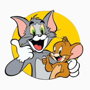 Tom the cat chasing Jerry the mouse in a fun animated pose from the classic cartoon, shown on a transparent background.