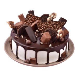 A delicious chocolate cream cake with rich layers and glossy frosting, perfect for dessert and bakery-themed designs.