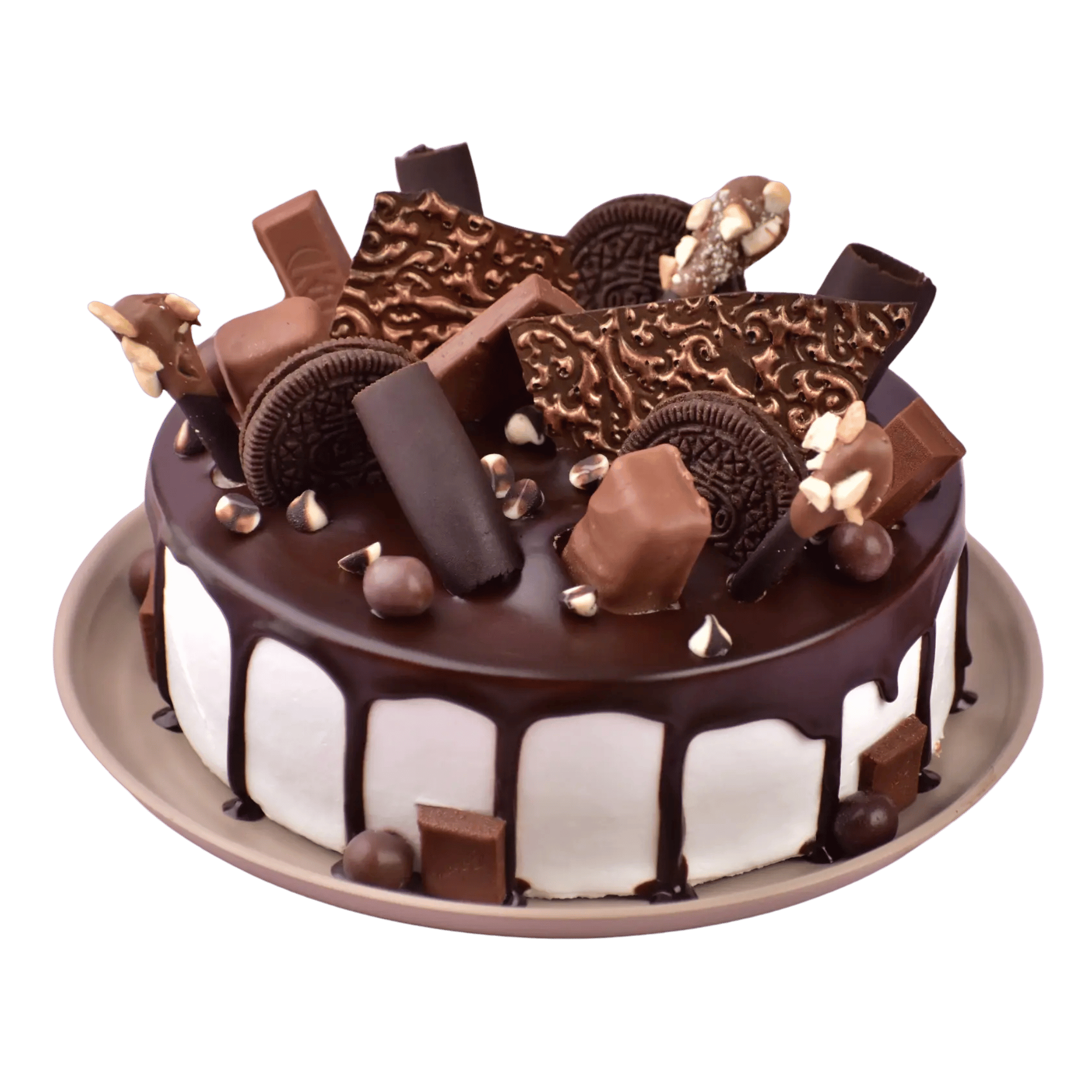 A delicious chocolate cream cake with rich layers and glossy frosting, perfect for dessert and bakery-themed designs.