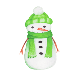 A cheerful snowman with a carrot nose, scarf, and top hat, set against a transparent background.