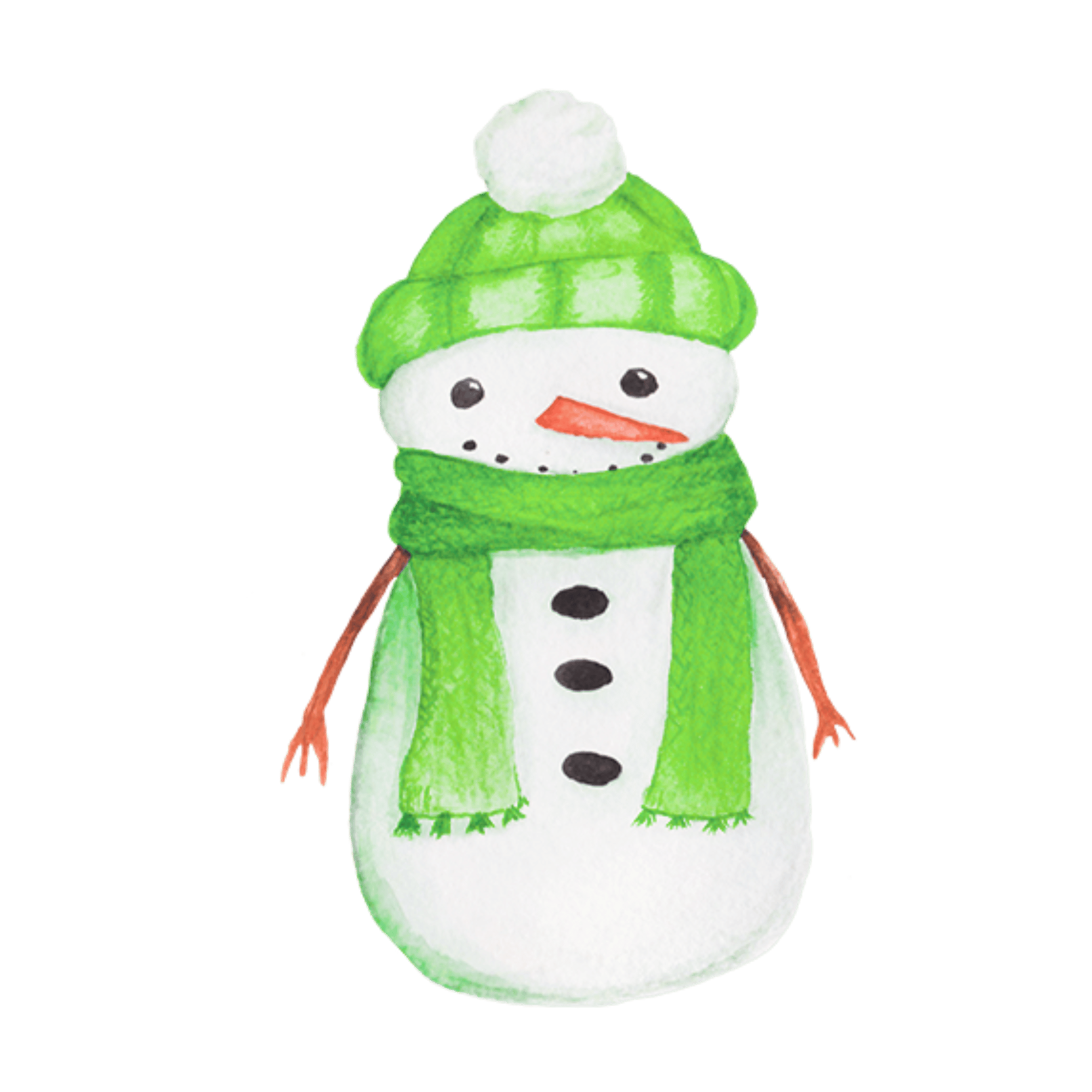 A cheerful snowman with a carrot nose, scarf, and top hat, set against a transparent background.