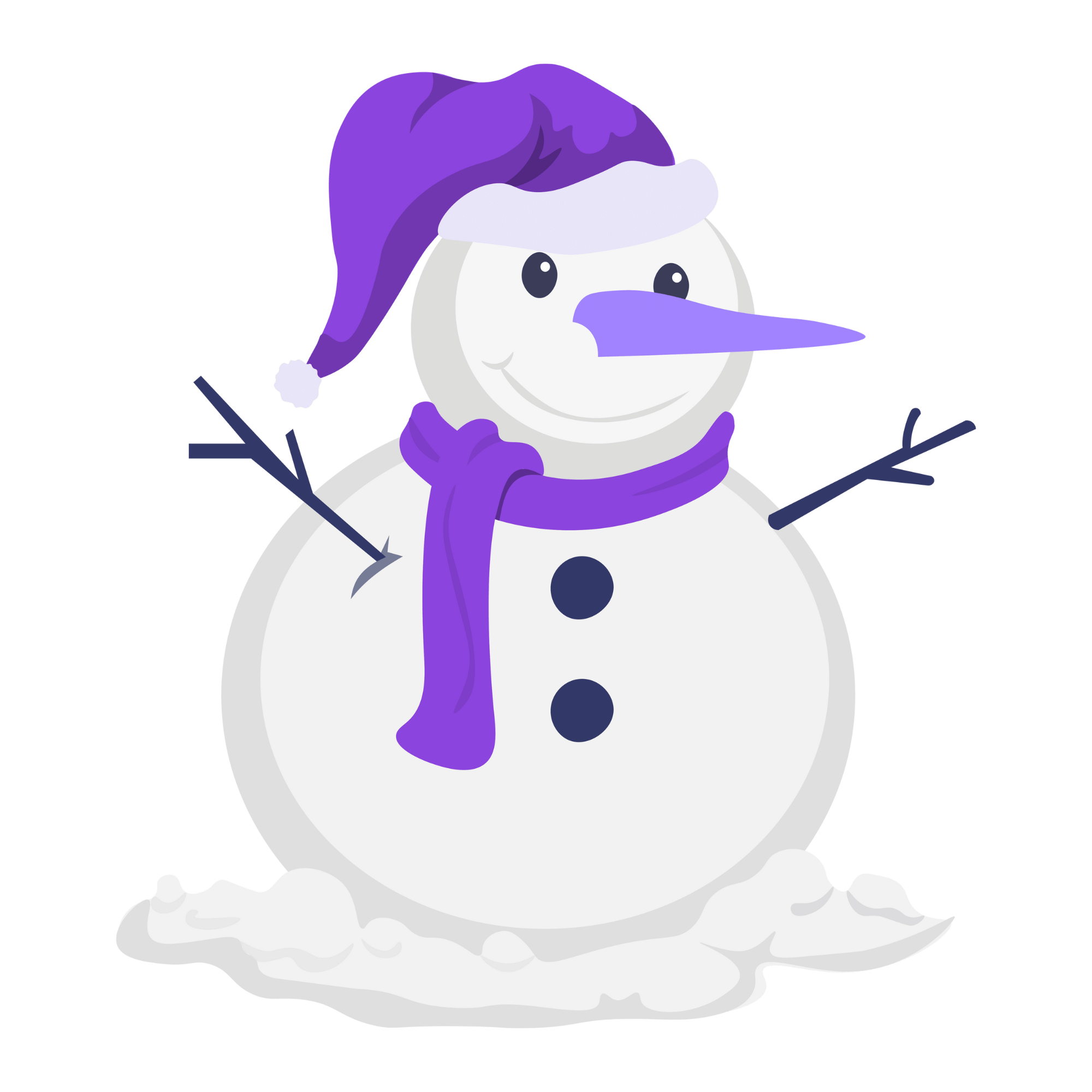 A smiling snowman with a scarf and buttons, perfect for winter-themed designs, on a transparent background.