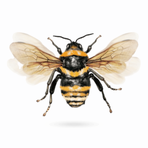 A smiling cartoon honey bee with black and yellow stripes and wings, on a transparent background.
