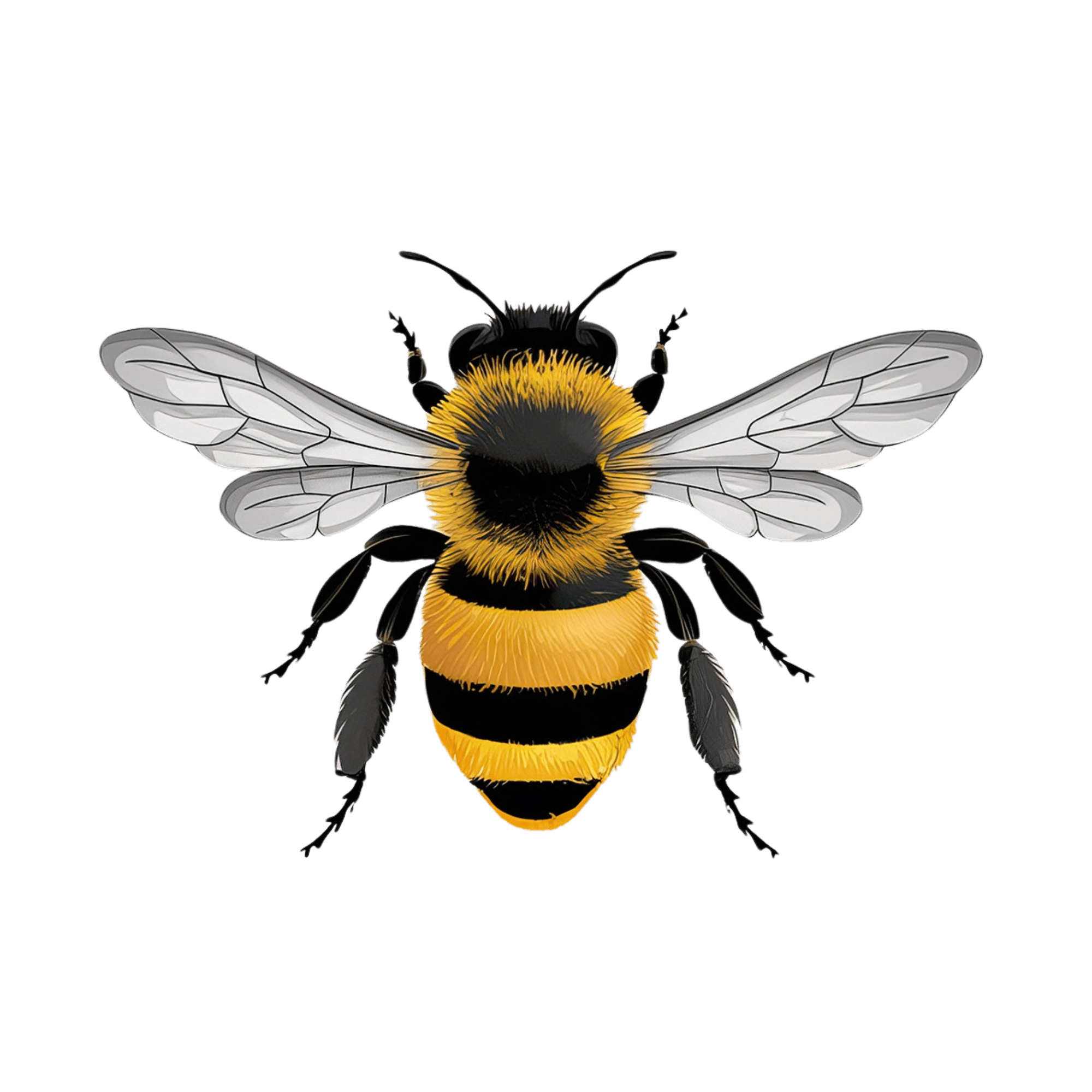 A clean flat-style vector honey bee with yellow and black stripes and clear wings, on a transparent background.