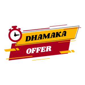 Bright red and yellow “Dhamaka Offer” graphic with bold letters on a transparent background, perfect for festive sales and Diwali promotions.