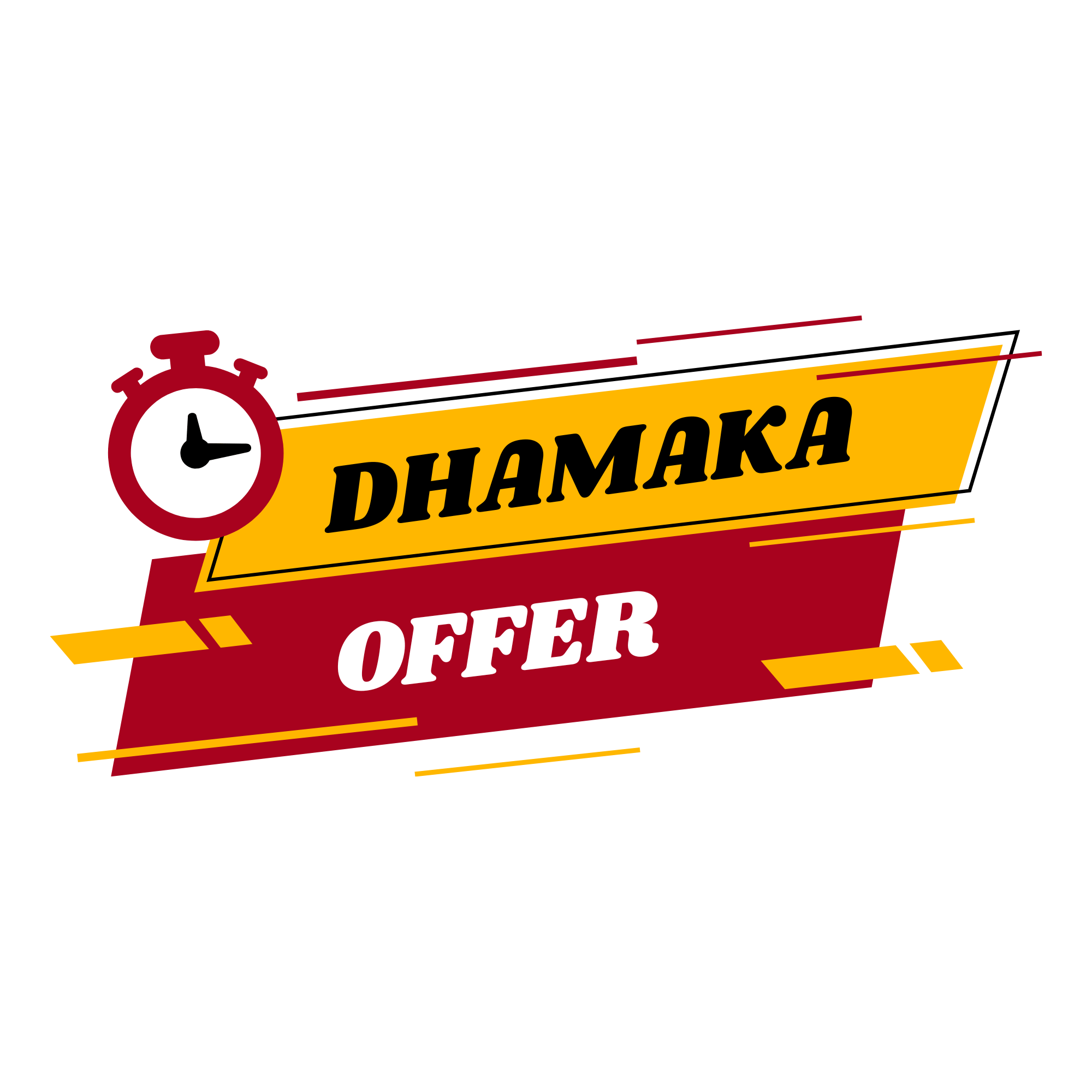Bright red and yellow “Dhamaka Offer” graphic with bold letters on a transparent background, perfect for festive sales and Diwali promotions.